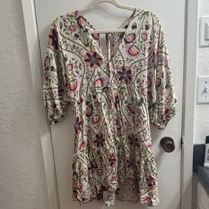 Bohemian Floral Tie-Front Tunic Dress in Cream and Green